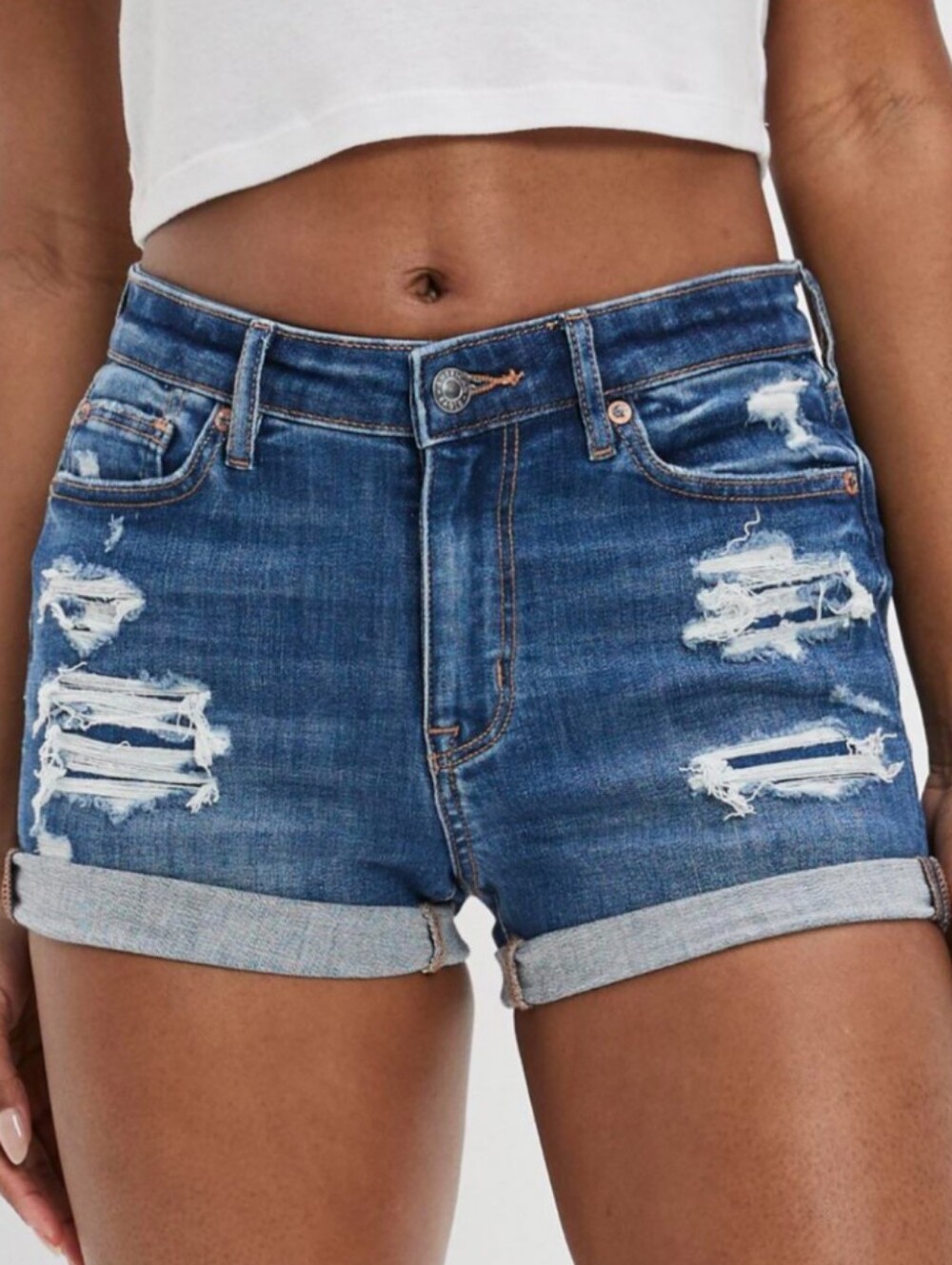 American Eagle Curvy Hi Rise Shortie Distressed Denim Shorts